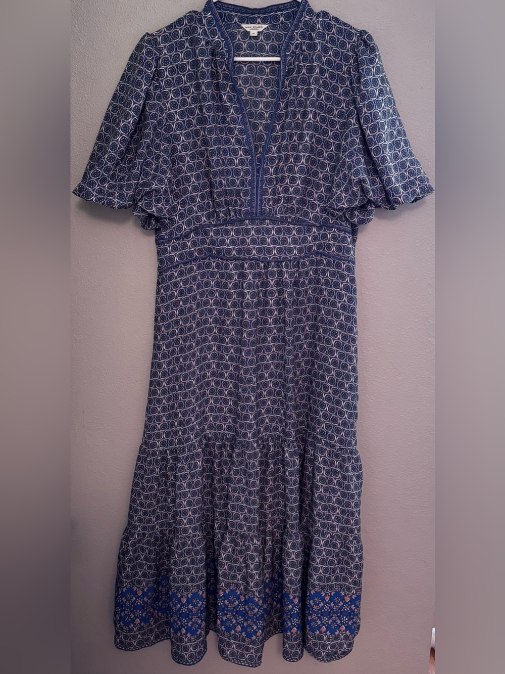 Max Studio London Blue Geometric & Floral Border Maxi Dress